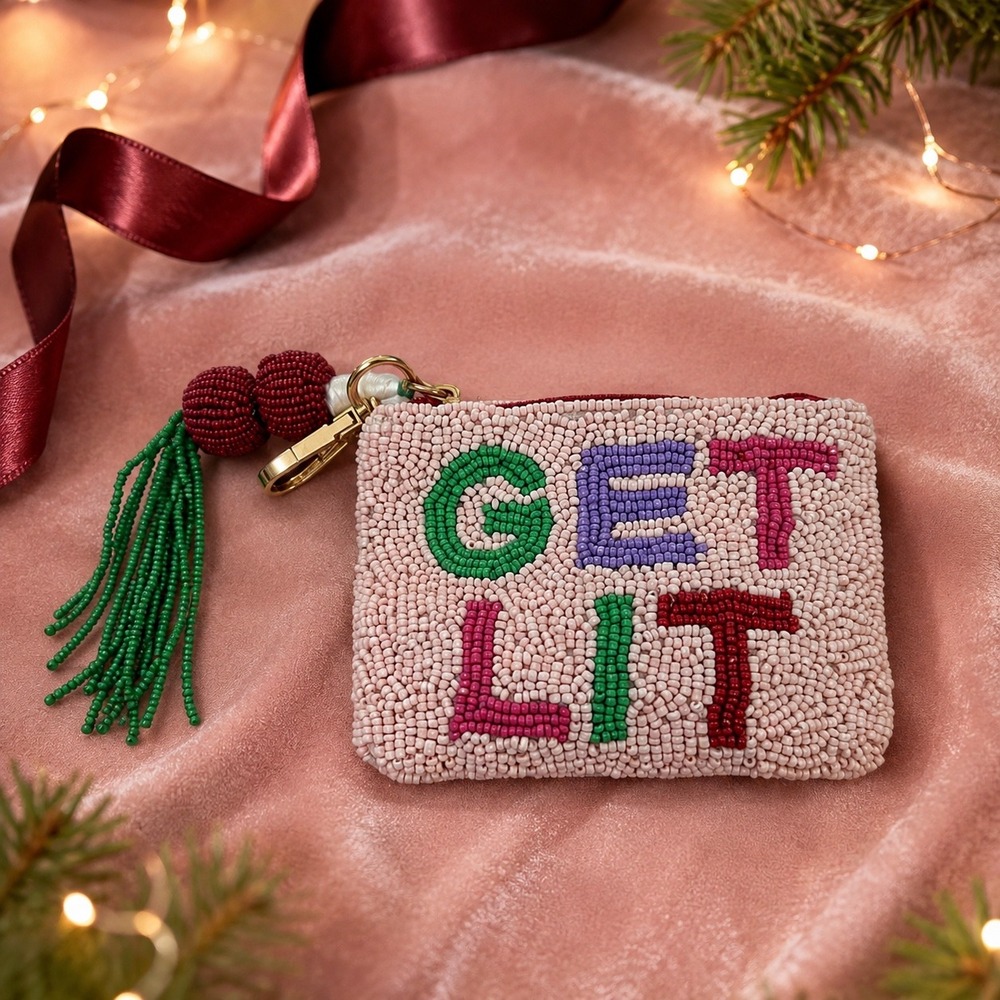 India Handmade Get Lit Beaded Coin Purse Christmas Lights Keychain NWT